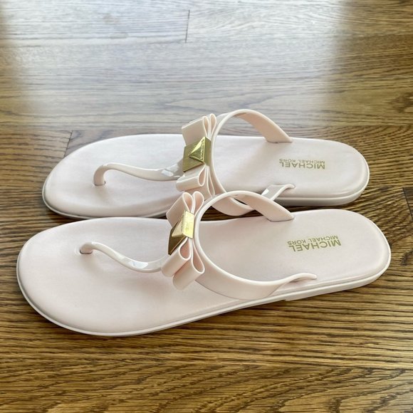 Michael Kors blush pink bow jelly thong flip flop sandal gold logo in size 7 - Picture 6 of 12